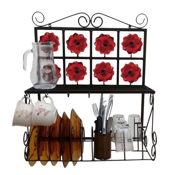 Porta Copos E Escorredor De Pratos E Talheres Decorativo em Ferro - Vermelho - 1