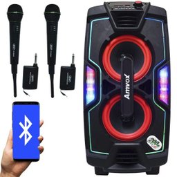 Caixa Som Amplificada Portátil Bluetooth 200W Rms Mp3 Fm USB Aux LED 2 Microfones sem Fio Amvox Aca - 1