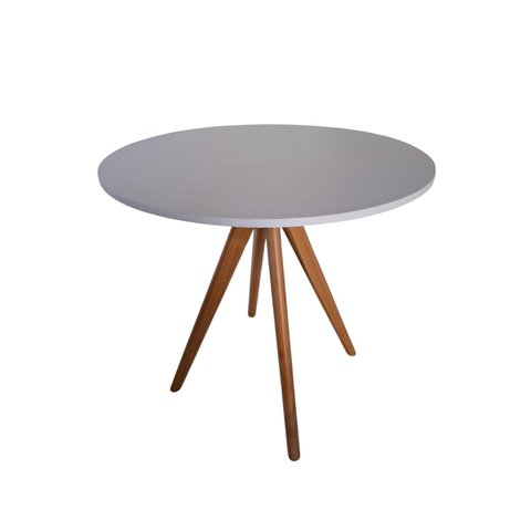 Mesa Redonda com Tampo Branco Pé de Madeira na Cor Mel