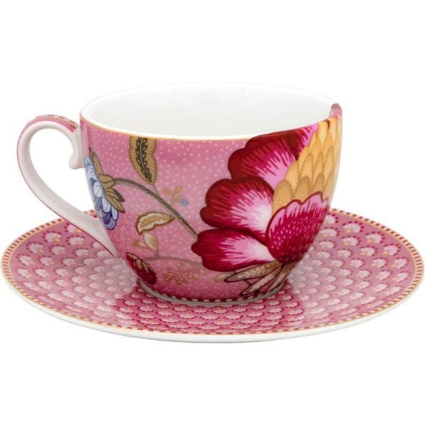 Lindo jogo de chá em porcelana com tema floral na tonalidade rosa