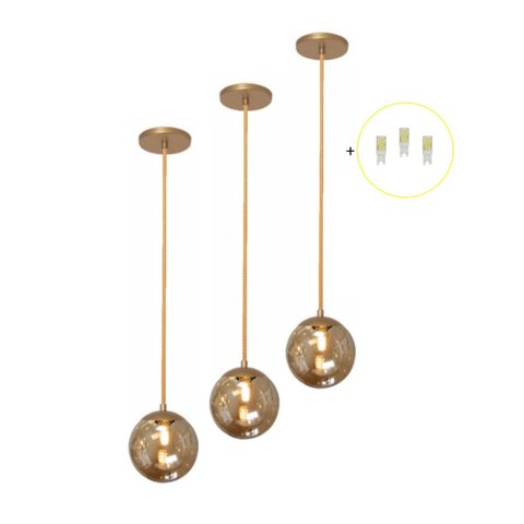 Kit 3 Pendente Dourado Quarto Cabeceira de Cama Bancada +Led Arevo Iluminação Jabuticaba VIDRO FUMÊ