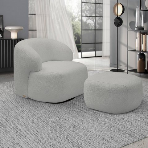 Conjunto Poltrona Base Giratória e Puff Decorativo Charlote Sala de Estar Bouclê Cinza G88 - Gran Be