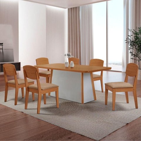 Mesa de Jantar Diane 180cm Tampo Mdf Canto Copo e 6 Cadeiras Turim 07/naturale /off White