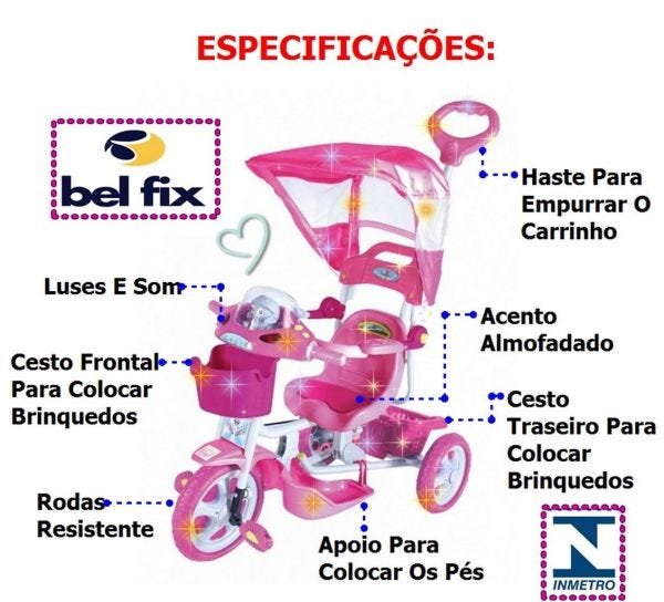 Triciclo Infantil Rosa Capota Removível Com Música E Luzes - 3