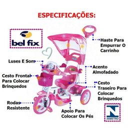 Triciclo Infantil Rosa Capota Removível Com Música E Luzes - 3