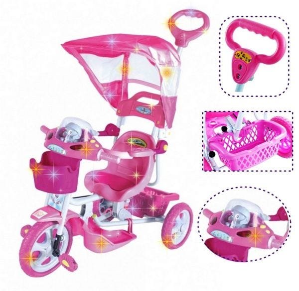 Triciclo Motinha Infantil C/ Capota Rosa Passeio E Pedal Bel