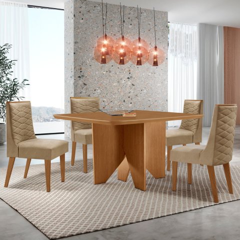Mesa de Jantar Evora 90cm Mdf Canto Copo e com 4 Cadeiras Safira