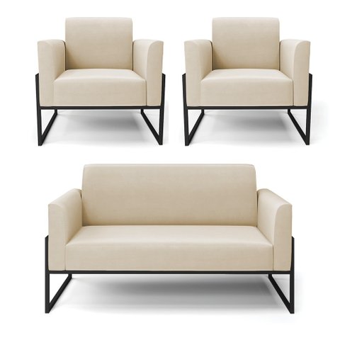 Sofá Namoradeira com 2 Poltronas Base Industrial Alta Preto Marisa Suede Bege D03 - D’Rossi