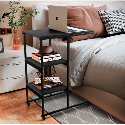 Mesa Auxiliar Rodízios, 3 Prateleiras,80x60x36:preto