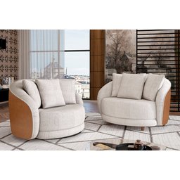 Poltrona Decorativa 122cm Mercy Courino Caramelo | Linho Off White com Bege - Sallar Home - 2