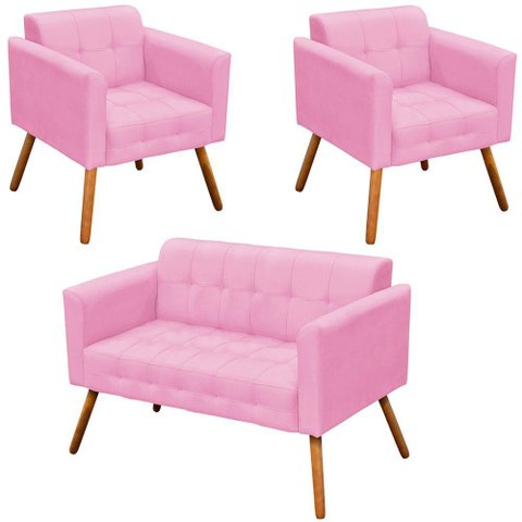 Conjunto 2 Poltronas e 1 Namoradeira Pés Palito Suede Rosa