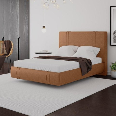 Cama Box Casal Aspen Base Flutuante Cabeceira Estofada PU Caramelo Gran Belo