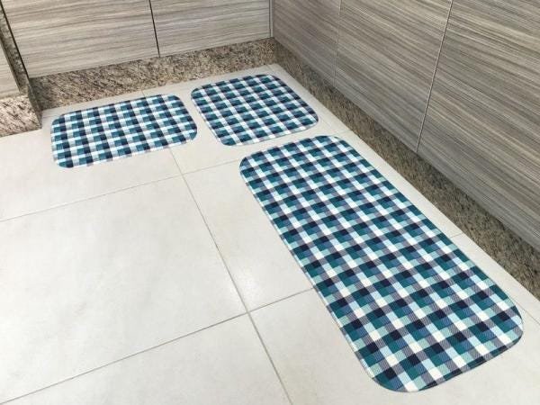 Jogo de Tapetes para Cozinha 3 Peças Tecil xadrez Azul - 1