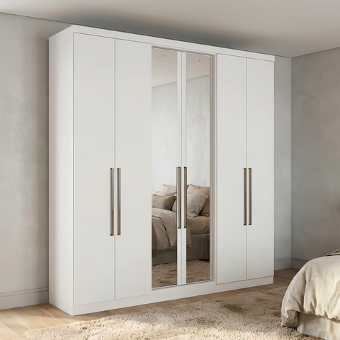 Guarda Roupa Casal com Espelho 6 Portas e 2 Gavetas 210 x 219cm Presence Yescasa Branco