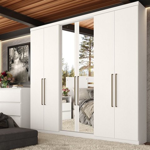 Guarda-Roupa Casal 6 Portas 2 Gavetas com Espelho e Chave 219x210x47cm Presence Branco