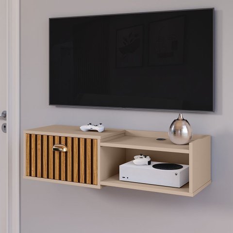 Rack Suspenso Pequeno Tv Smart 32" Bancada 1 Porta Puxador Concha Nicho Decoração Sala Quarto Retrô