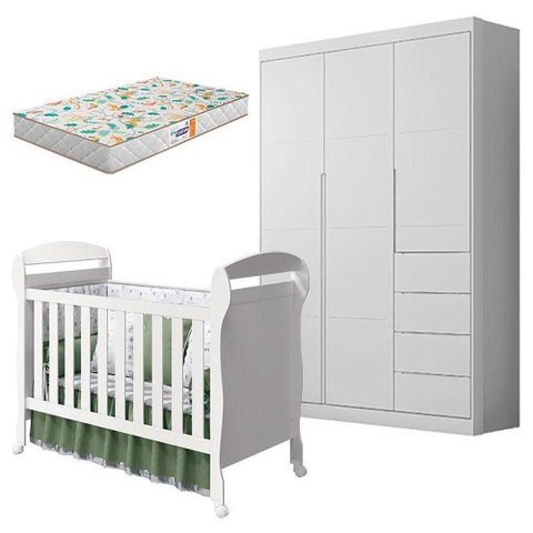 Berço Americano Danny e Guarda Roupa Infantil Eloá Branco Acetinado com Colchão Gazin – Phoenix