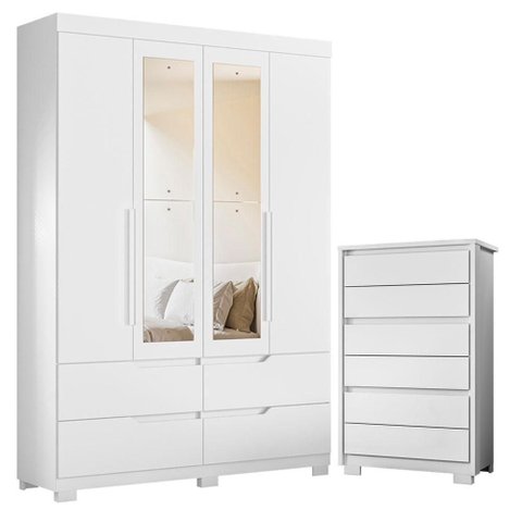 Guarda Roupa com Cômoda Solteiro Doble 4 Portas de Bater com Espelho 4 Gavetas MDP Branco Albatroz