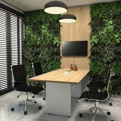 Conjunto para Escritório Mesa de Reunião 180cm Painel para TV Macadâmia com Branco F5 Office