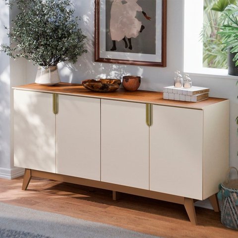 Balcão Buffet 4 Portas 160cm MDF Pés em Recife Off White / Canela