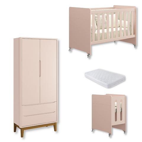 Quarto de Bebê Berço Evolution + Guarda Roupa 2 Portas Rosa + Colchão