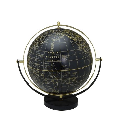 Globo Terrestre Decorativo em Metal e Mámore Preto 27cm 15572-pl