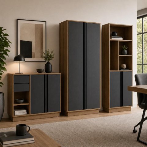 Conjunto Escritório Office 3 Peças, Armário Baixo 2 Portas, 2 Gavetas e Armário Alto 4 Portas e