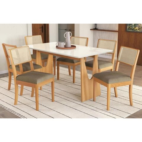Sala Jantar Mesa Mila Premium Madeira Maciça C/ Tampo Madeirado C/ Vidro 160x90cm e 6 Cadeiras Lola