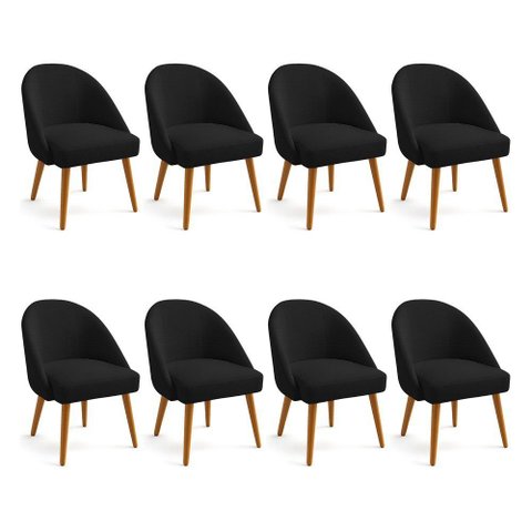Kit 08 Cadeiras Poltrona de Jantar Estofada Luna Boucle Preto Pés Palito Castanho