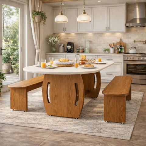Mesa de Jantar Oval com Tampo de Vidro e 2 Bancos para Cozinha Integrada:off White