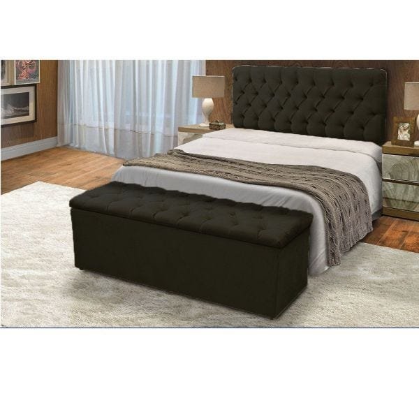 Cabeceira Mais Calçadeira Baú Casal Queen 160cm Para Cama Box Sofia Suede Preto - DS Móveis - 1