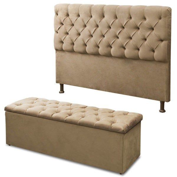 Cabeceira Mais Calçadeira Baú Casal Queen 160cm Para Cama Box Sofia Suede Bege - DS Móveis - 2