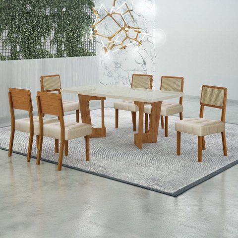 Conjunto Sala de Jantar Mesa 160cm Tampo de 4 cm com 6 Cadeiras Liz Bege/Cinamomo/Off White/Linho