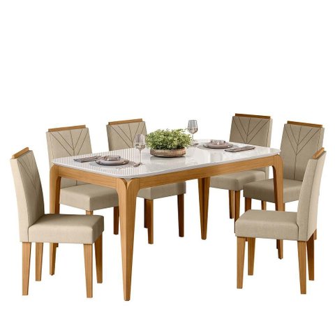 Conjunto Sala de Jantar Mesa Aurea 160x90 6 Cadeiras Amanda Ype/off White/linho Palha