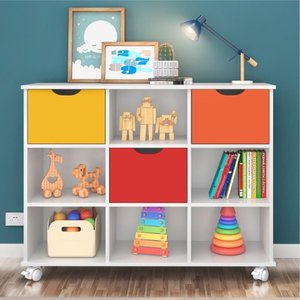 Conjunto Nicho Organizador Zuri 9 Espaços com Rodízios Branco + Kit 3 Gavetas Coloridas