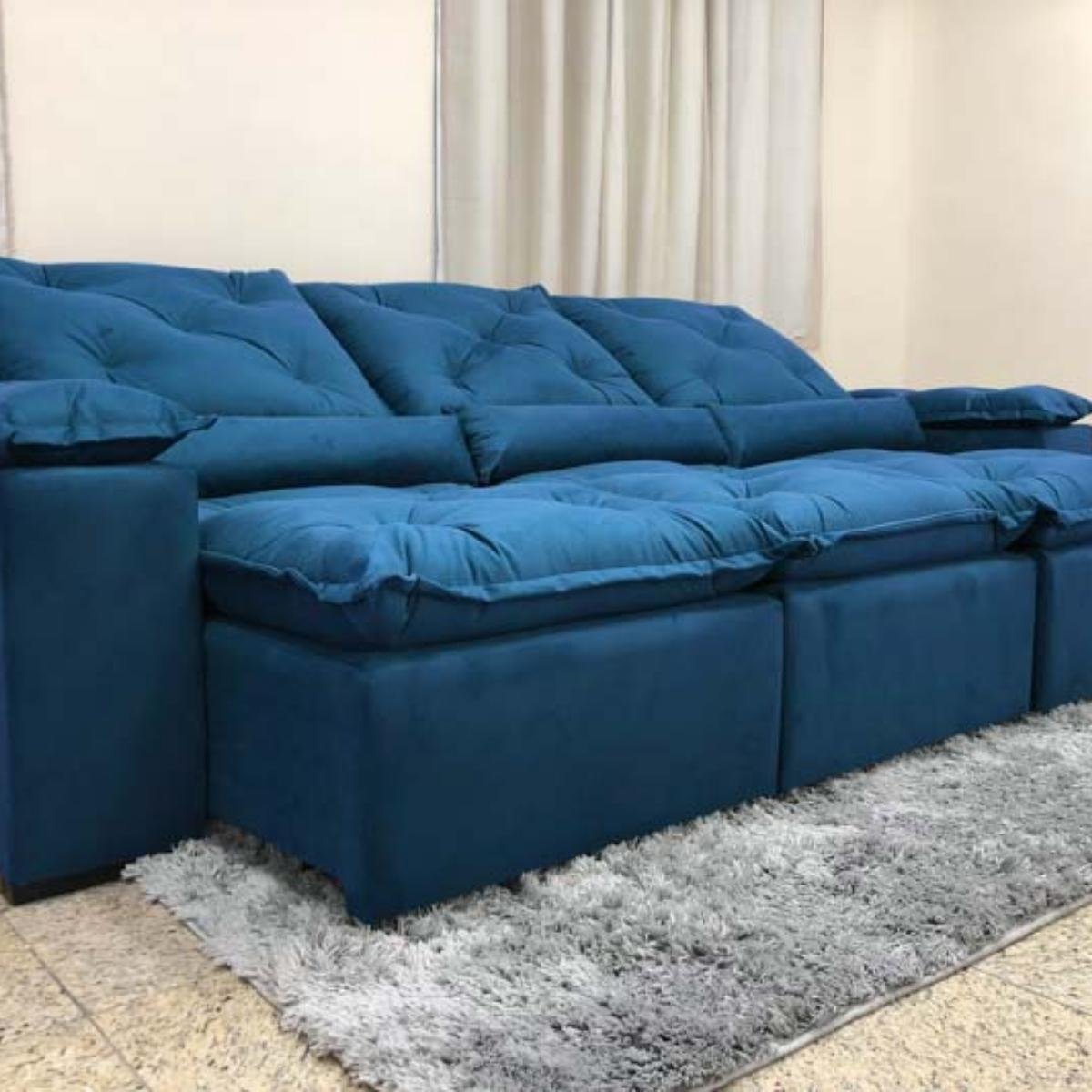 Sofá Reclinável Retrátil Elegante P/ Sala Confortavel 2,70m Cor:Azul