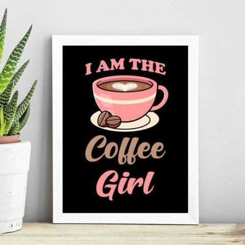 Quadro Cozinha Café - Coffee Girl 24x18cm - com Vidro:madeira Branca