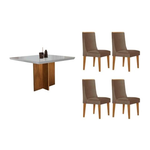 Sala de Jantar Completa Berlim C/ Tampo Madeirado C/ Vidro Canto Curvo 90x90cm e 4 Cadeiras Dakota