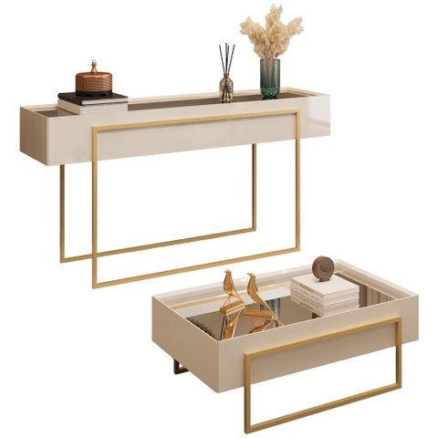 Kit Aparador e Mesa de Centro para Sala de Estar Pés Industrial Malika D05 Off White - Lyam Decor