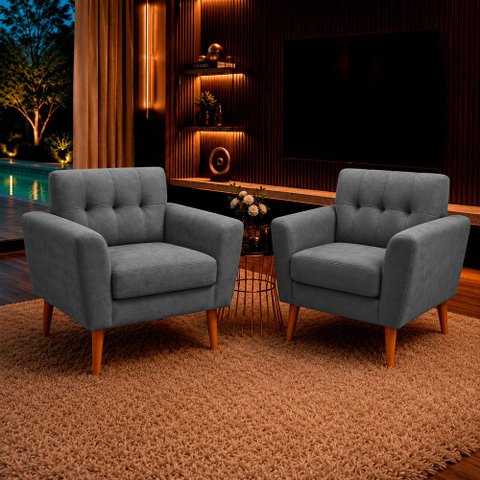 Kit 2 Poltronas Sala de Estar Bia Pés Palito Suede Grafite M3 - Monari Design