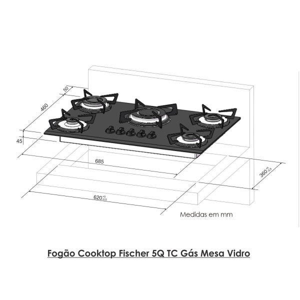 Cooktop 5 Bocas Tripla Chama Gás Mesa Vidro Rouge Bivolt Fischer - 4