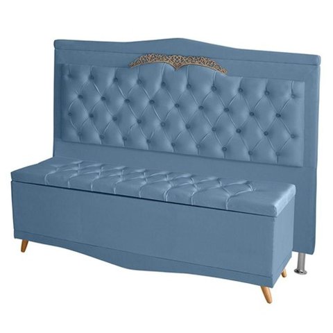 Kit Cabeceira de Cama Box e Calçadeira Baú Madri King 195 Cm Suede Azul Bebê do Lar Móveis e