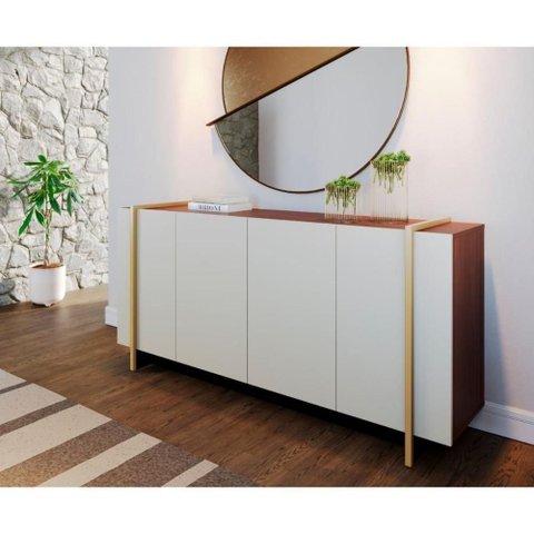 Aparador Buffet Moderno 4 Portas MDP 160cm Off White-Nogueira-Dourado Multimóveis