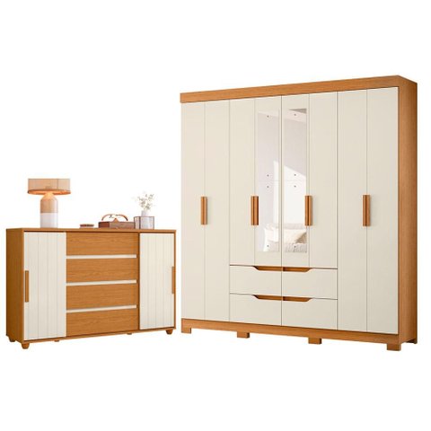 Guarda Roupa Casal Doble 08 Portas com Espelho e Cômoda Evidenza Cinamomo Off White Flex - Móveis Al