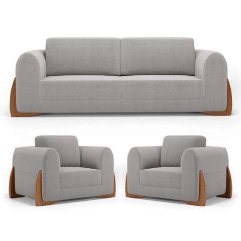 Kit 02 Poltronas e 01 Sofá Bloom 180cm 02 Lugares com Pés de Madeira Bouclê Cinza - Desk Design