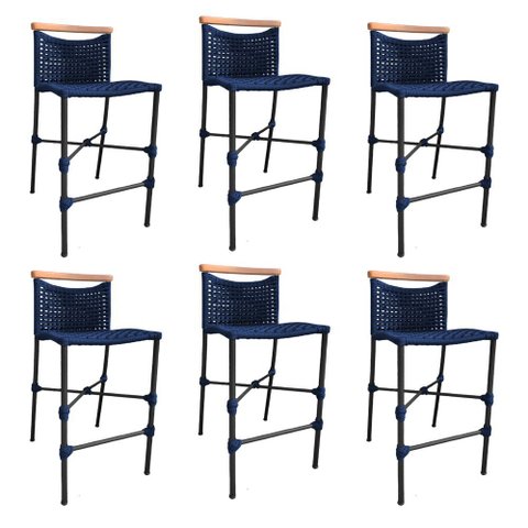 Kit 6 Banquetas Anne em Corda Náutica Base em Alumínio Preta com Detalhe em Madeira Azul Marinho