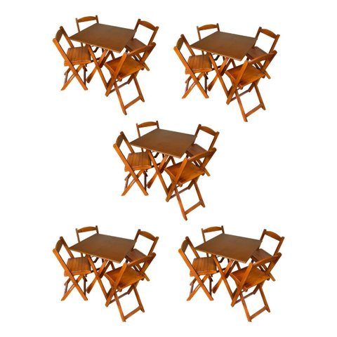 Kit 5 Conjuntos Dobráveis 70x70 com 5 Mesas e 20 Cadeiras Mel