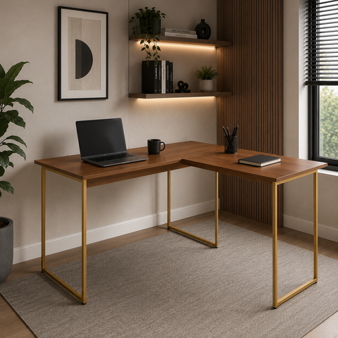 Mesa em L para Computador com Pé de Ferro Max 90x150 cm - Freijó/Dourado