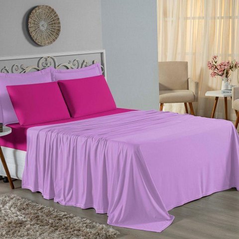 Jogo de Cama Casal Viúva Nobre 4 Peças Malha 100% Algodão - Lilás / Pink