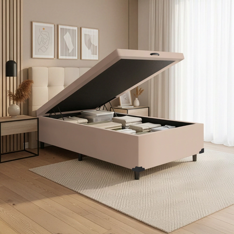 Base Cama Box Baú Solteiro 79x198x41cm Bege Suede Veludo Prince
